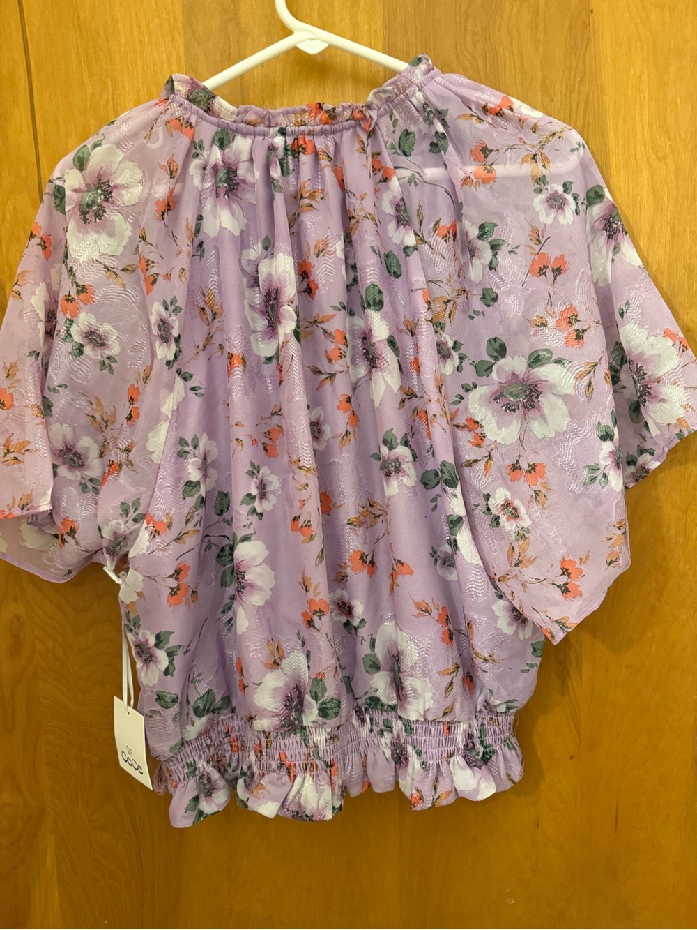 CeCe Lavender Floral Ruffle-Neck Smocked Waist Blouse - Picture 4 of 5